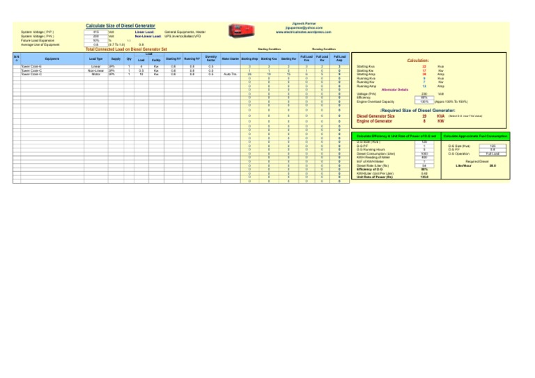 Diesel Generator Size Calculation Guide | PDF | Technology & Engineering