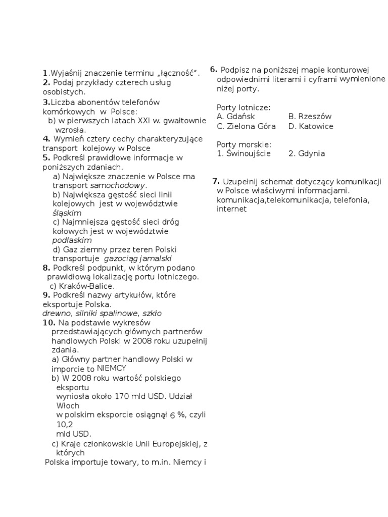 Sprawdzian Usługi W Polsce Klasa 7