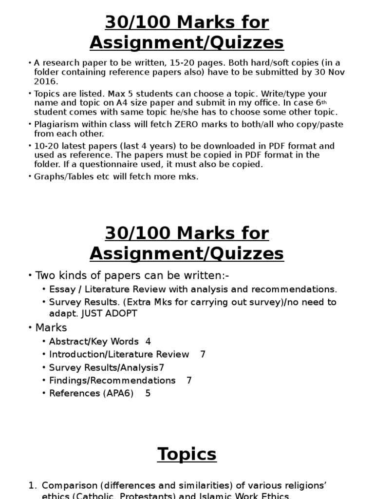 30/100 Marks For Assignment/Quizzes | PDF