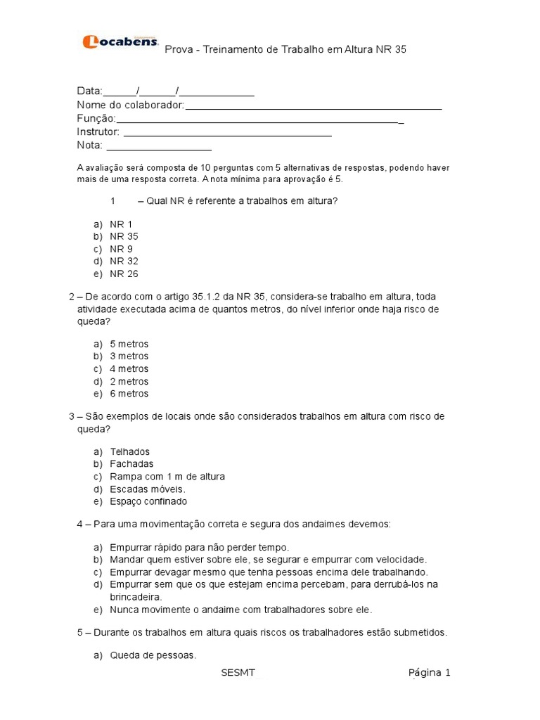 ProvaTreinamento de Trabalho Em Altura NR35