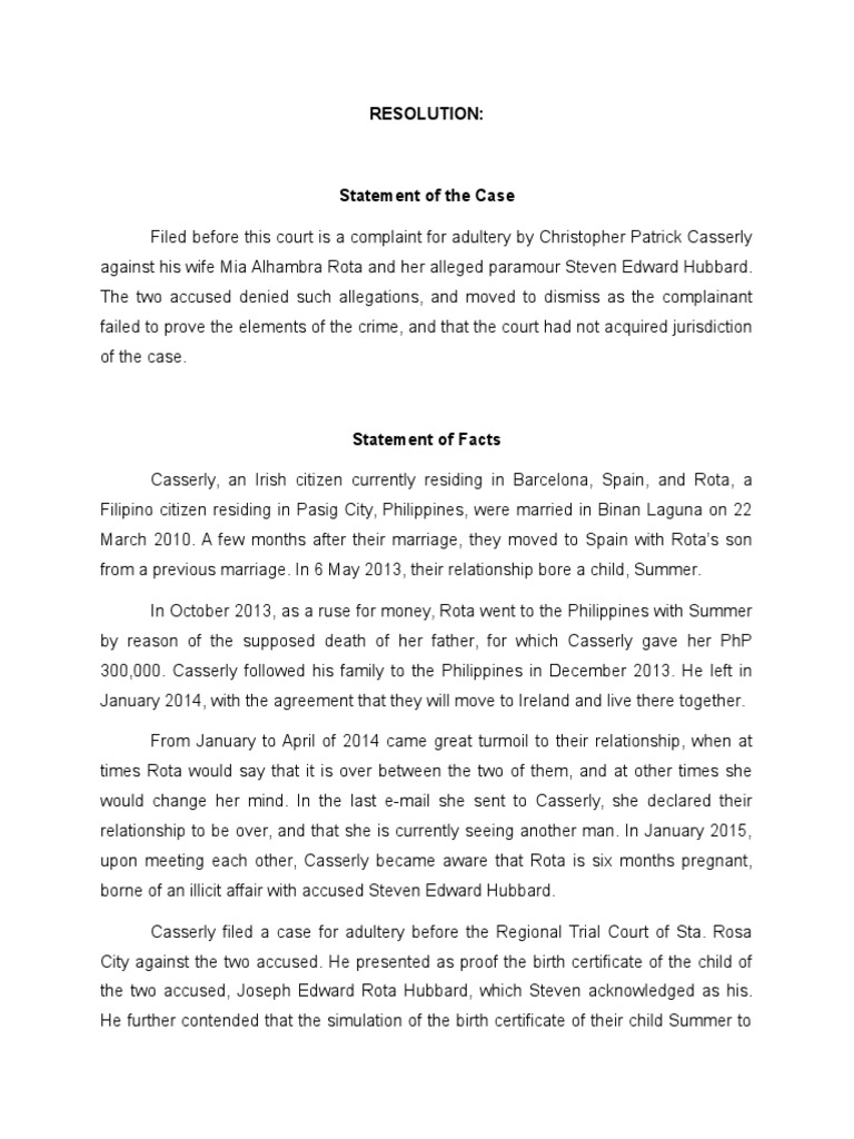 Statement of The Case + Facts + Issues PDF Adultery Common Law