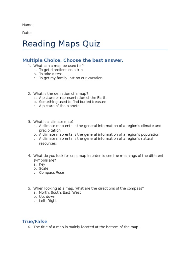 Map Reading Quiz: Multiple Choice & Answers | PDF