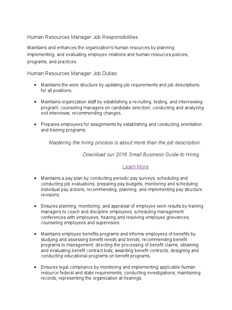 Human Resources Manager Job Responsibilities  PDF  Human 