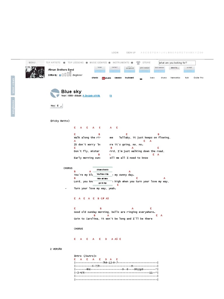 Blue Sky Tab Allman Brothers Band E Chords Pdf Blues Entertainment General