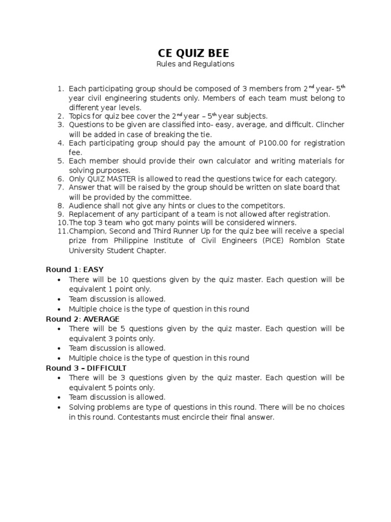 Civil Engineering Quiz Bee Guidelines | PDF | Sports & Recreation