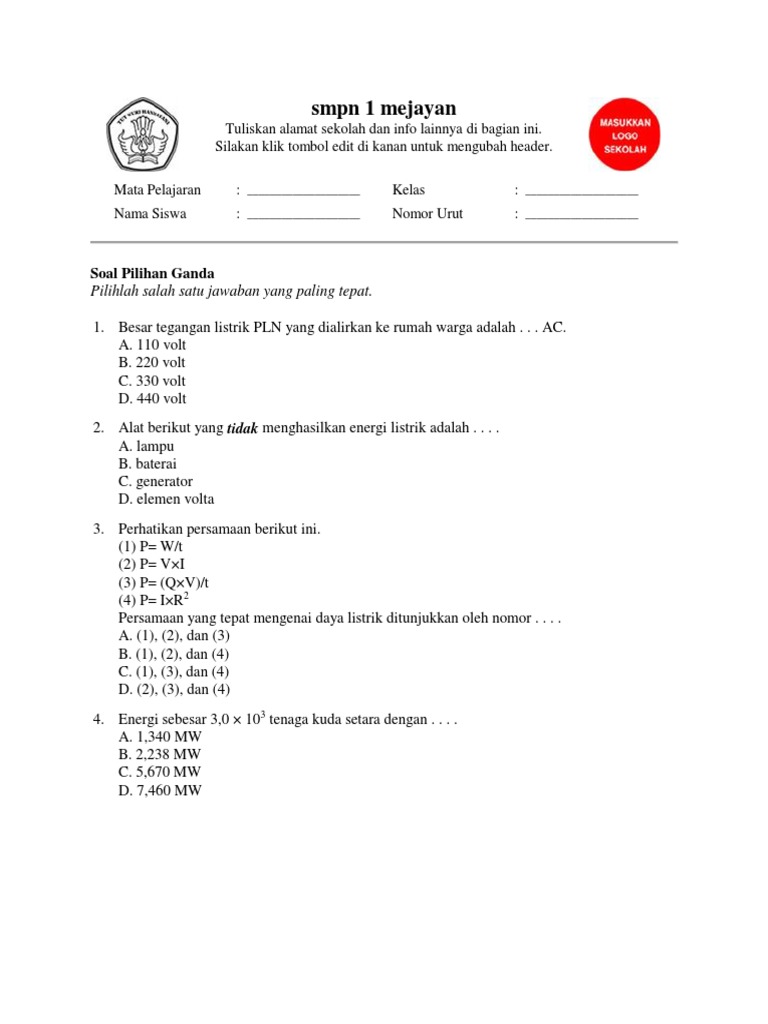 Soal Energi Dan Daya Listrik