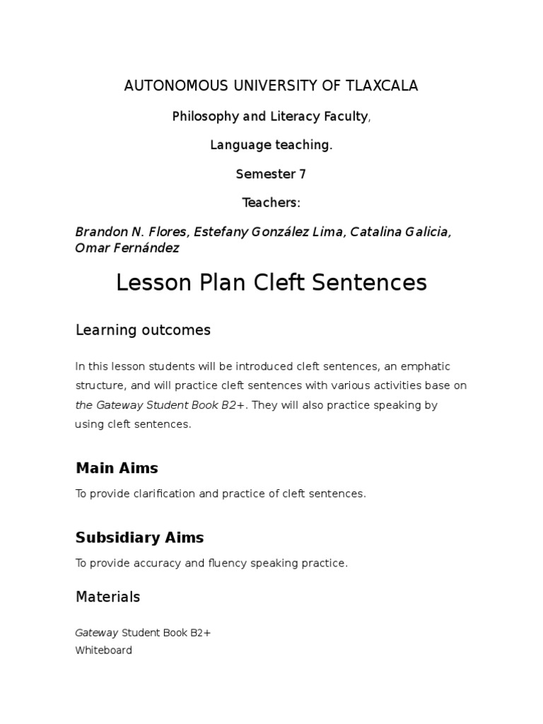 Cleft Sentences Lesson Plan | PDF | Lesson Plan | Cognitive Science
