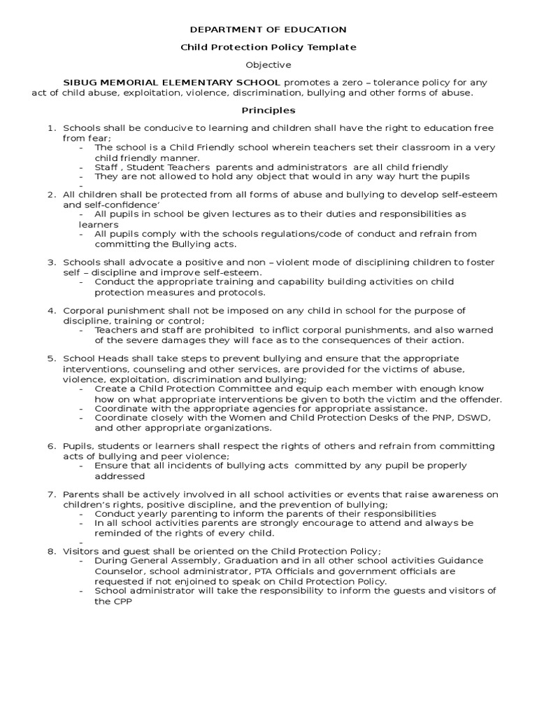 Child Protection Policy Template for Schools | PDF | Bullying | Violence