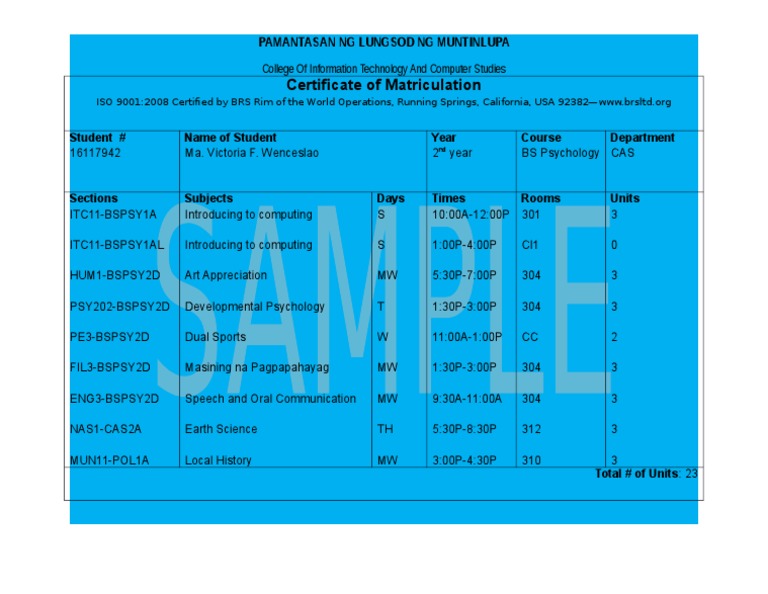 Certificate of Matriculation: Pamantasan NG Lungsod NG Muntinlupa | PDF ...