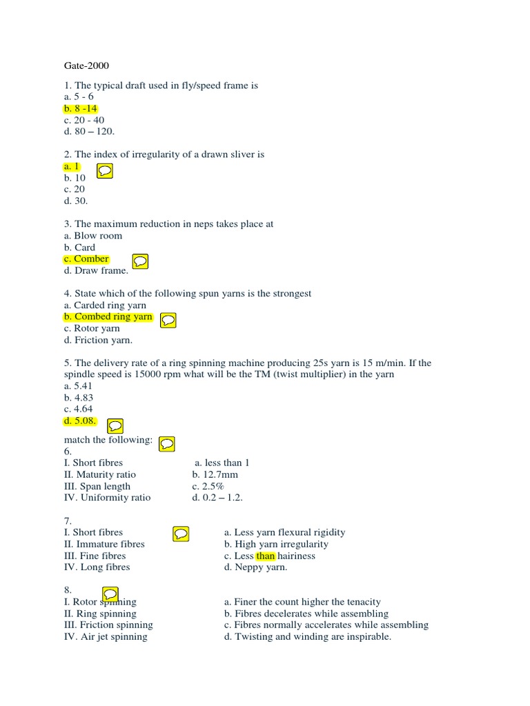 Yarn Manufacturing Gate Questions PDF Spinning (Textiles) Yarn