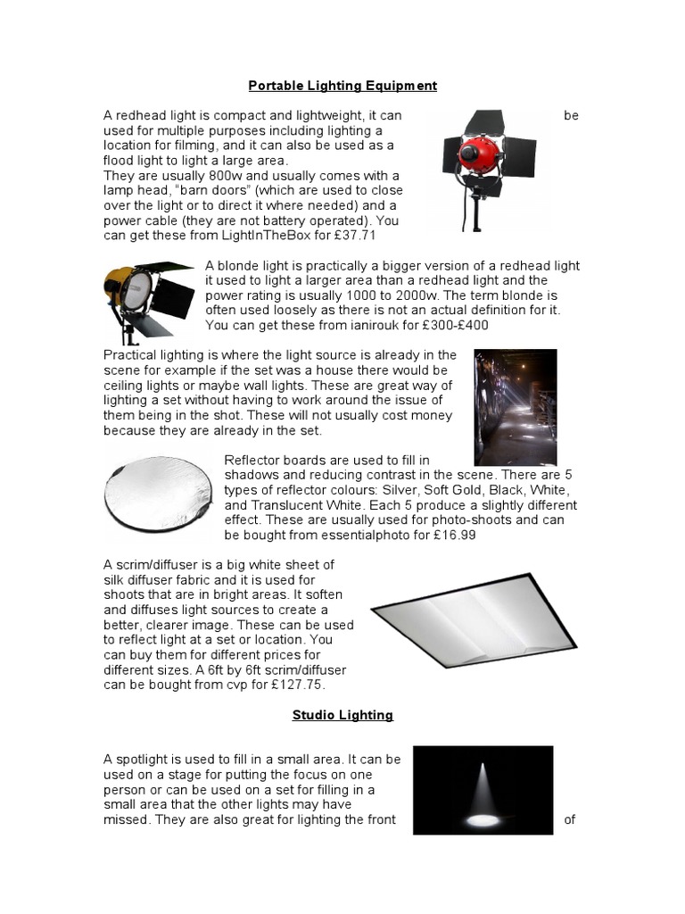 Portable Lighting Equipment Overview | PDF | Lighting | Shadow