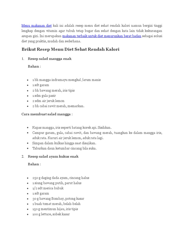 Resep Menu Diet Sehat Rendah Kalori PDF | PDF | Kesehatan Holistik