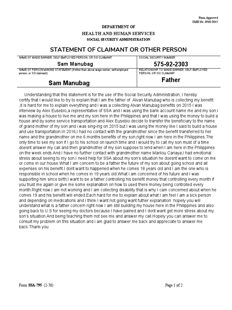 Ssa795fillable Dot PDF Social Security Administration