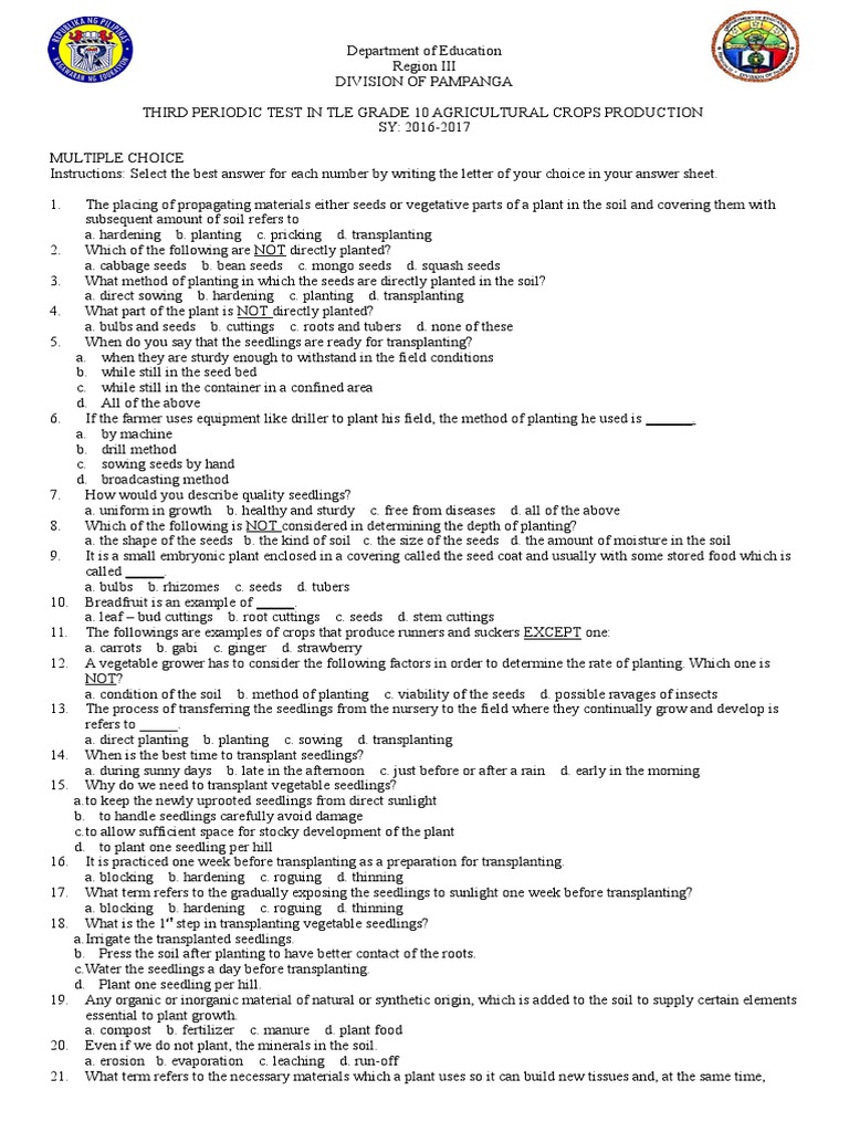 Grade 10 TLE Agricultural Crop Test | PDF | Manure | Fertilizer