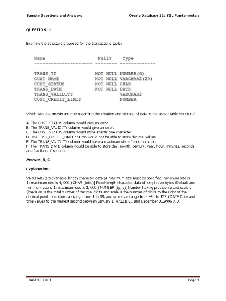 Oracle 12c SQL Exam 1Z0-061 Guide | PDF | Sql | Table (Database)