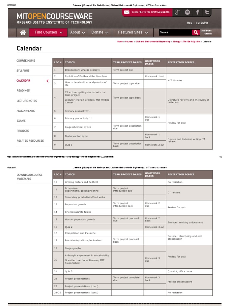 Calendar Ecology I The Earth System Civil and Environmental