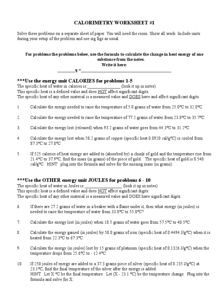 Worksheets Calorimetry Worksheet calorimetry worksheet