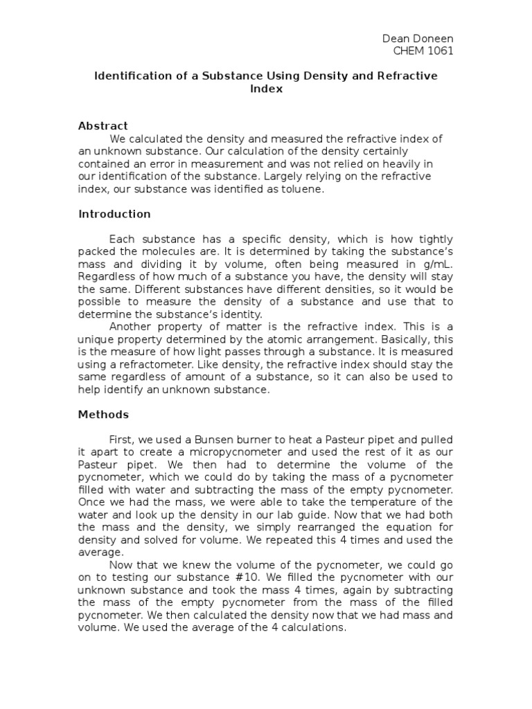 Density Refractometry Lab Report PDF Density Matter