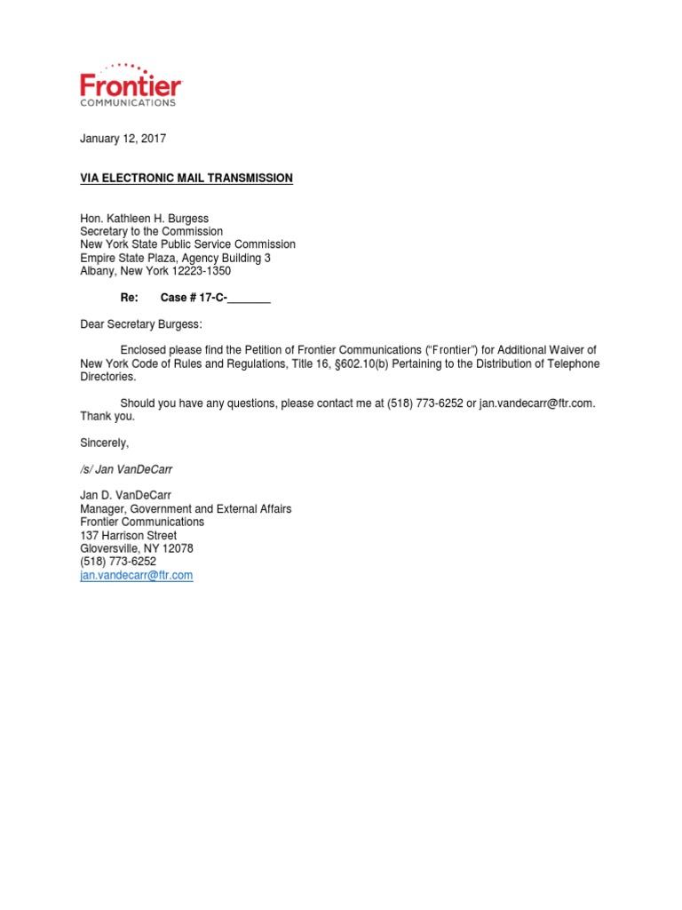 Frontier Requests To Stop Phone Book Distribution PDF