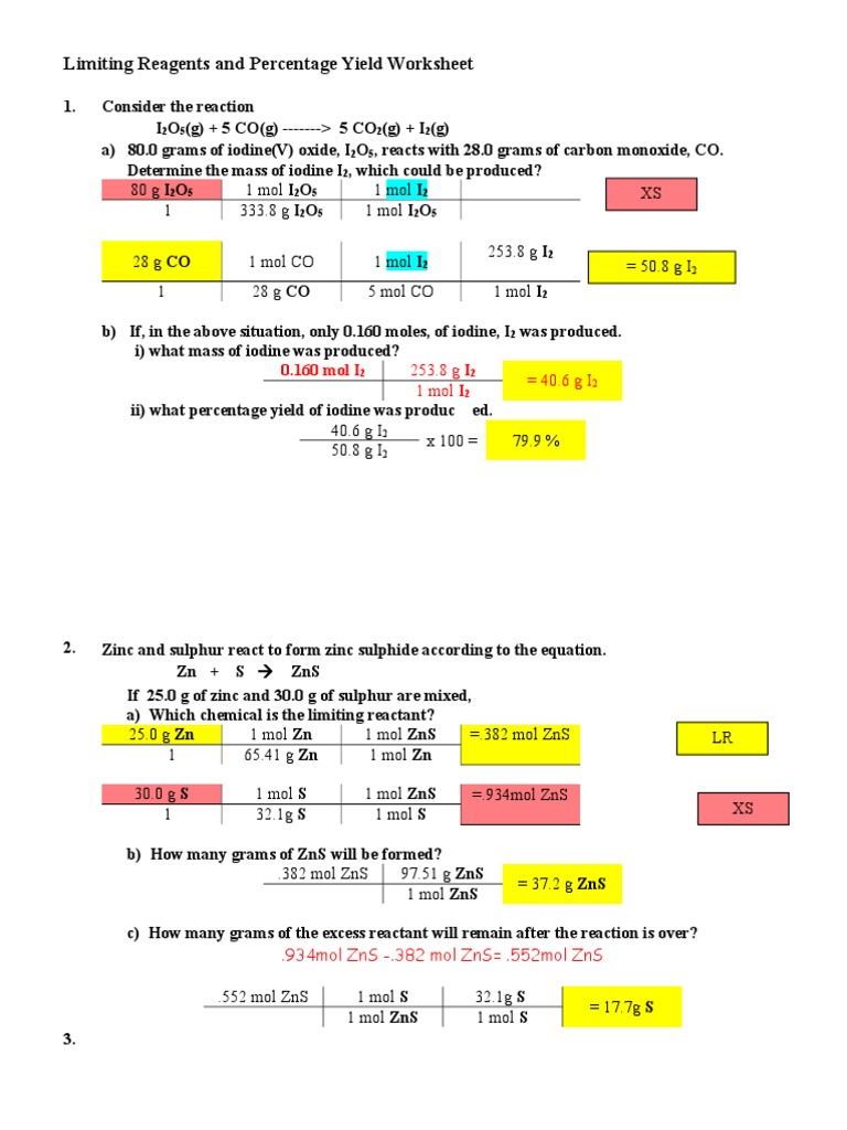 Limiting Reactant And Percent Yield Worksheet Answers