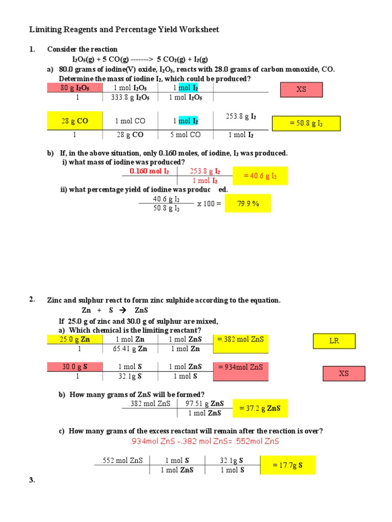 Limiting Reactant And Percent Yield Practice Worksheet Answers