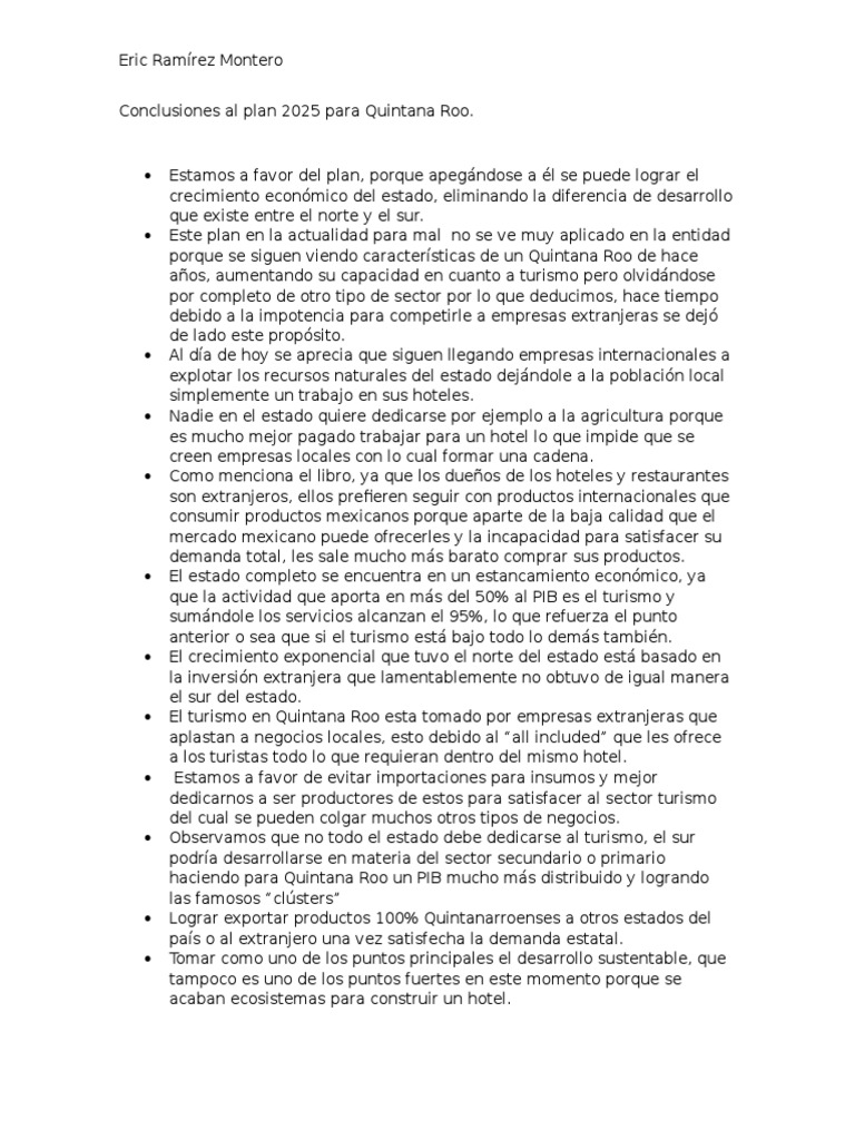 Conclusiones Al Plan 2025 para Quintana Roo PDF Quintana Roo Turismo