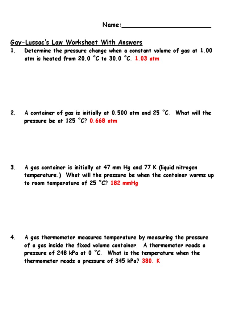 Gay Lussac S Law Worksheet PDF