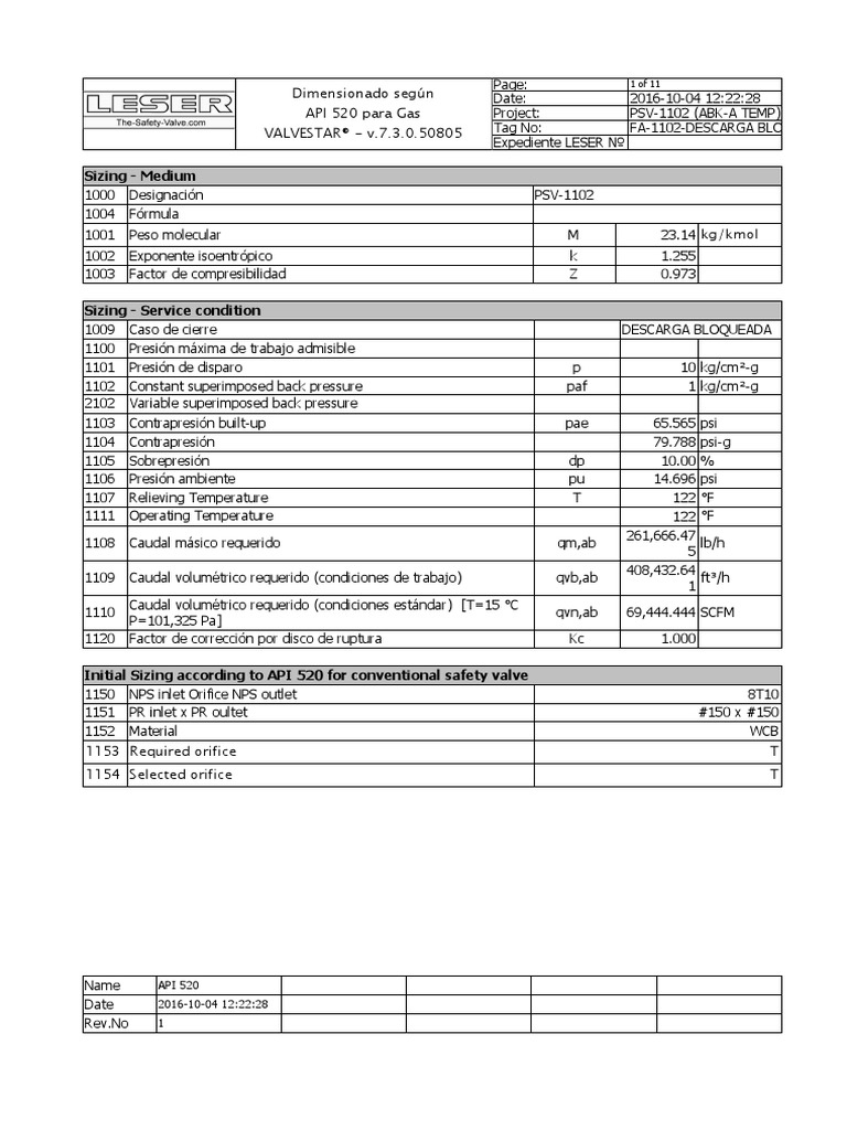 Fa-1102-Descarga Bloqueada (API 520 Gas) | PDF | Válvula | Ingeniería ...