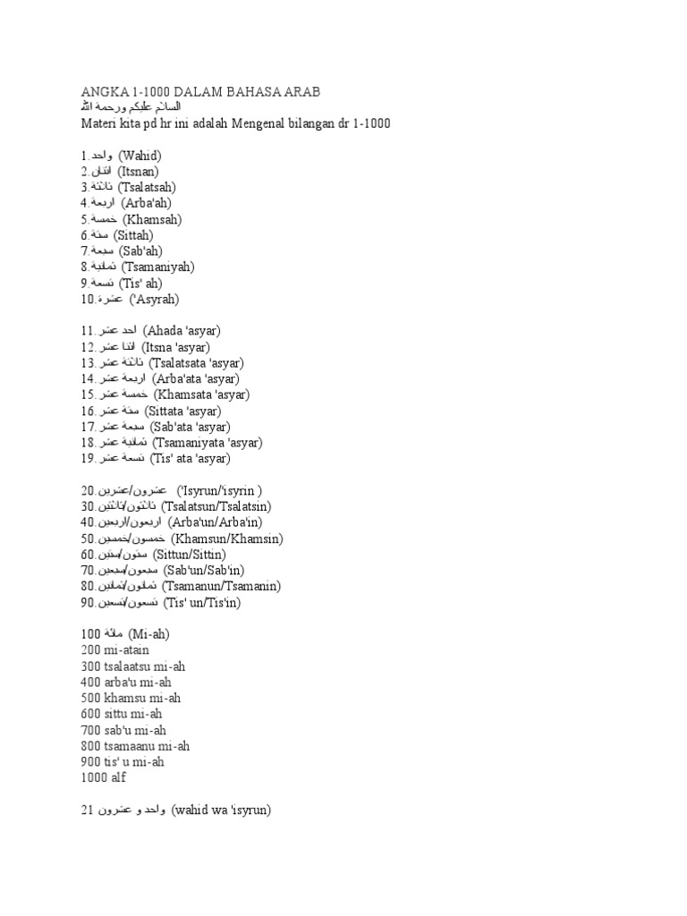 Angka Dalam Bahasa Arab 1 1000 Beinyu Com