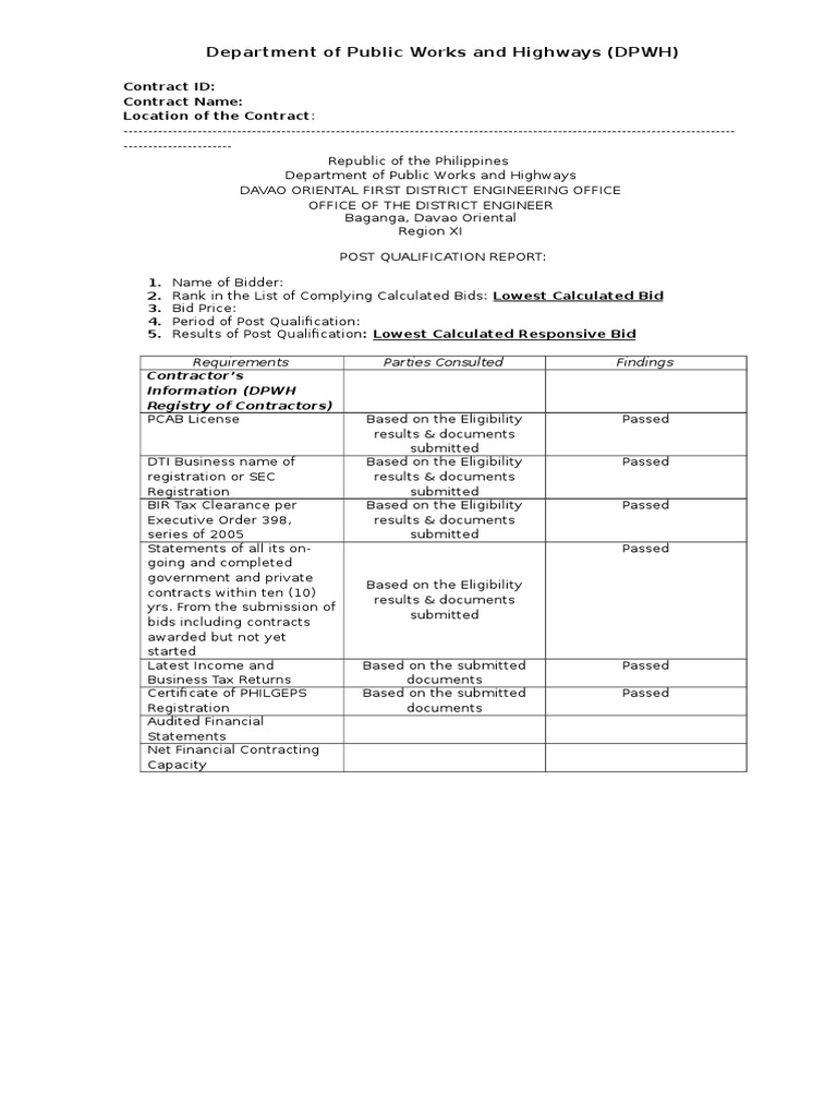 POST QUALIFICATION.doc General Contractor Business Free 30day