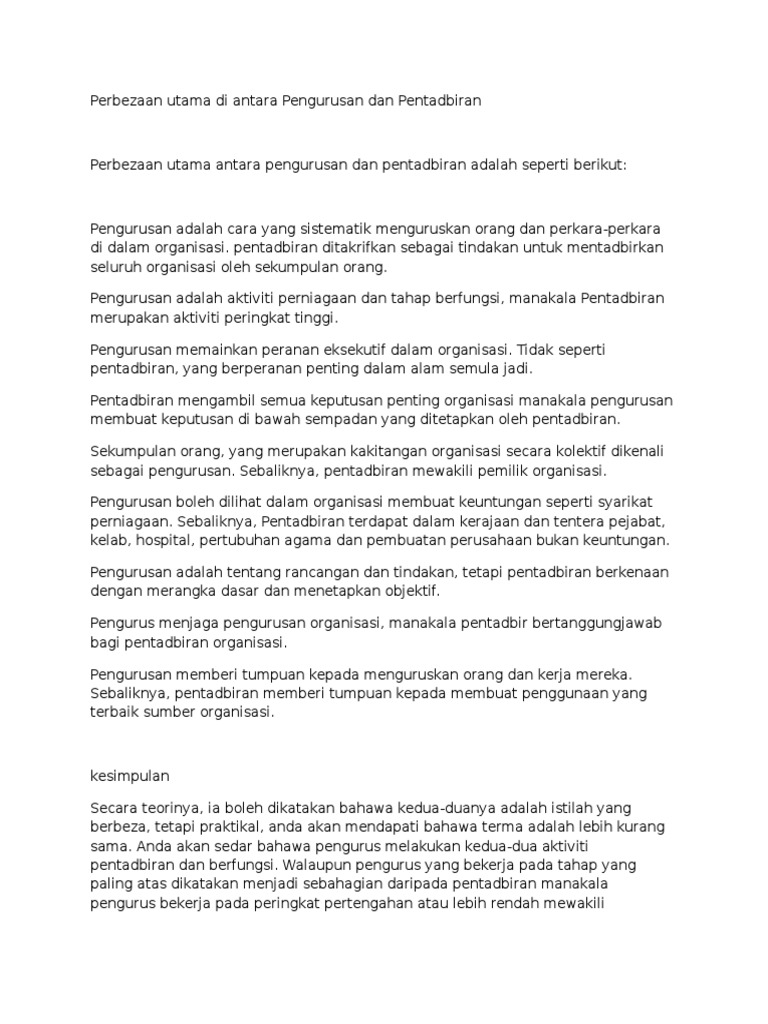 Perbezaan Utama Di Antara Pengurusan Dan Pentadbiran Pdf