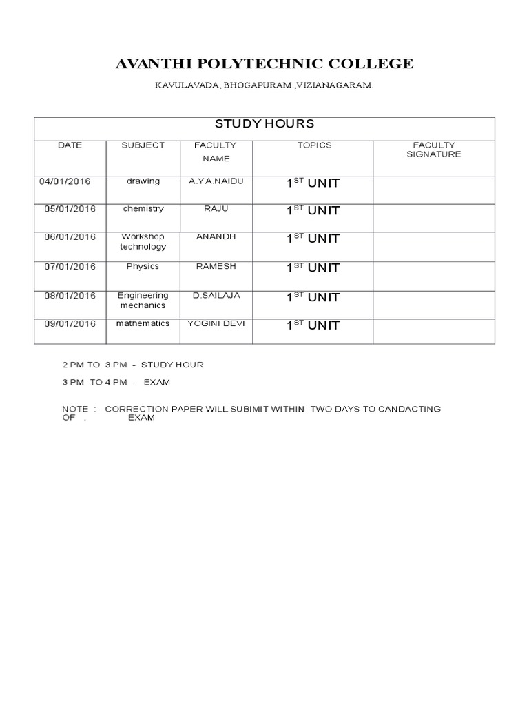 Avanthi Polytechnic Study Schedule | PDF