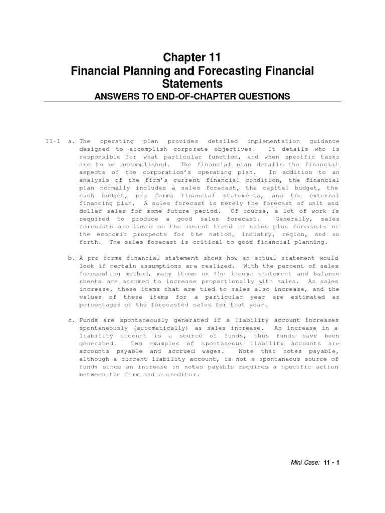 Financial Planning and Forecasting Financial Statements Answers To End