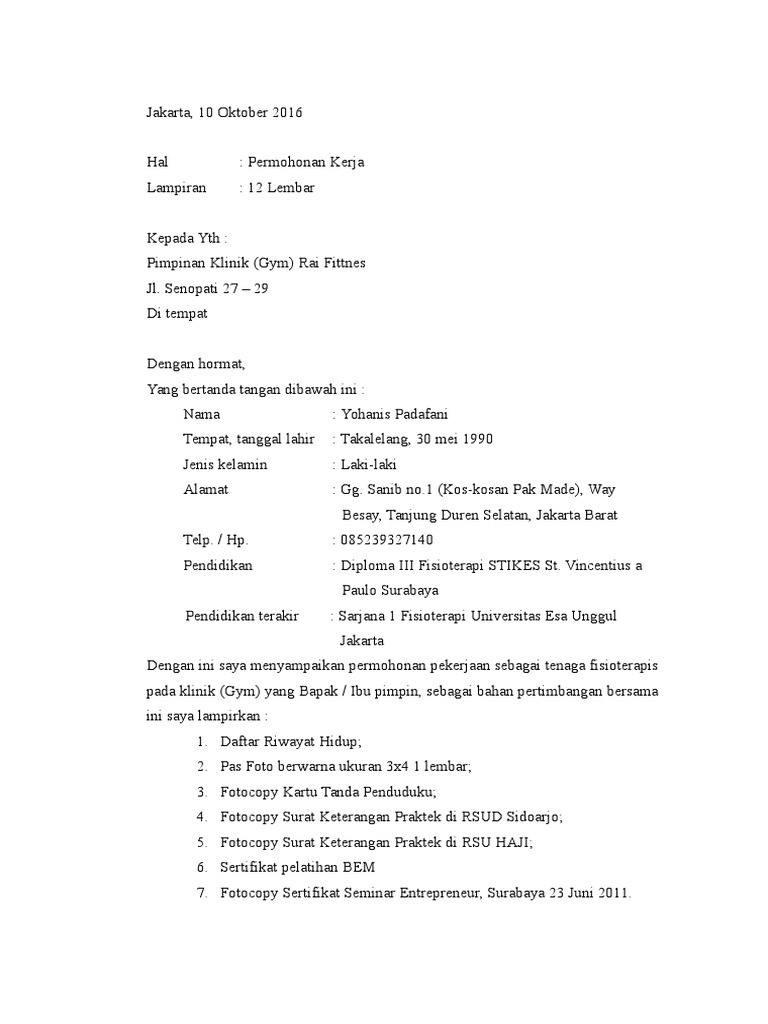 Surat Lamaran Kerja Data lengkap tentang Contoh Surat Lamaran Kerja Fisioterapi Di Rumah Sakit.