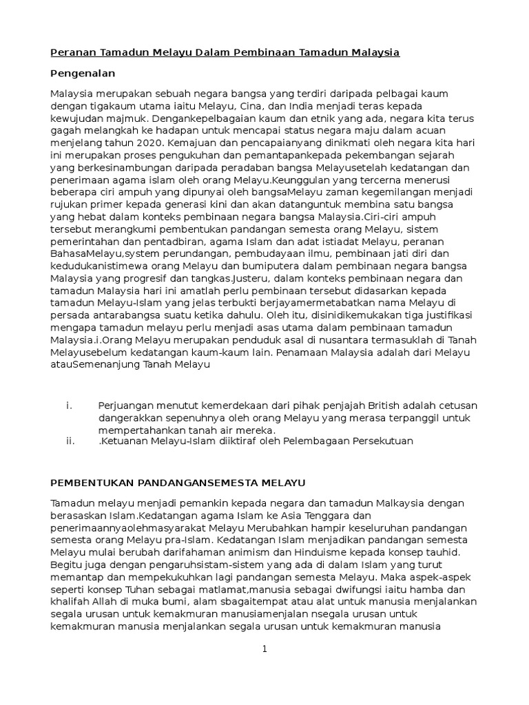 Peranan Tamadun Melayu Dalam Pembinaan Tamadun Malaysia