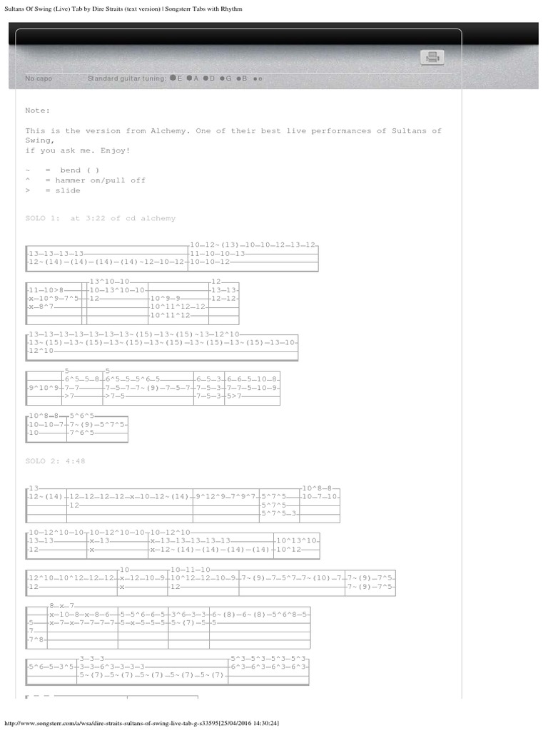 Sultans Of Swing Live Tab By Dire Straits Text Version