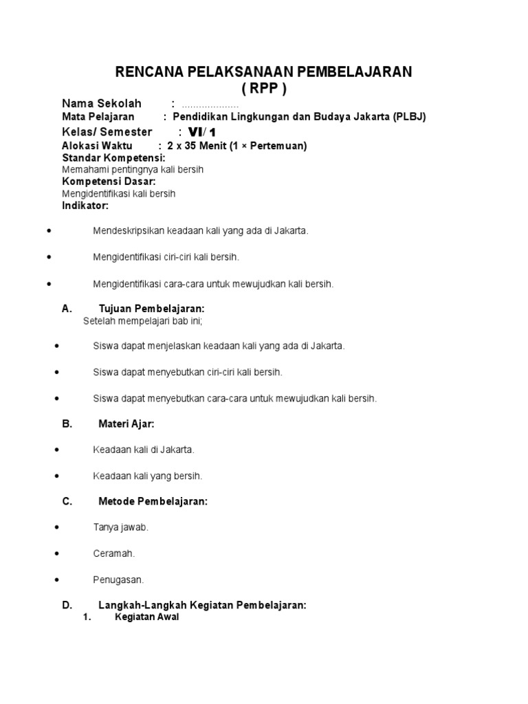 Rencana Pelaksanaan Pembelajaran Plbj Kls 5