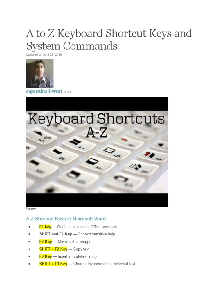 A to Z Keyboard Shortcut Keys and System Commands Keyboard Shortcut