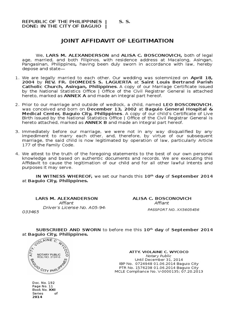 Legitimation Affidavit Marriage