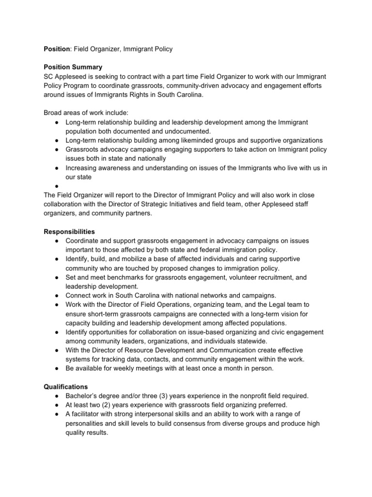 SC Appleseed Field Organizer Immigrant Policy PDF Immigration