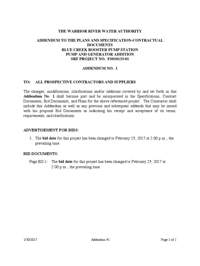 Blue Creek Pump Station Addendum 1 | PDF