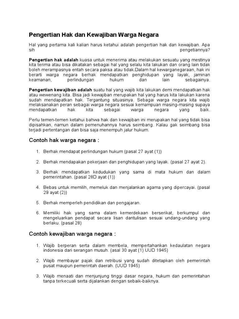 Contoh Hak Dan Kewajiban Warga Negara Menurut Pasal 29 Uud 