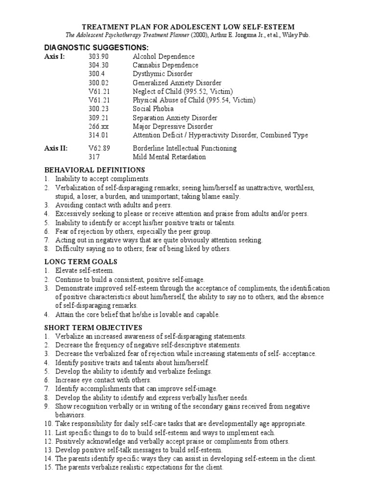 Adolescent Low Self-Esteem Treatment Plan | PDF | Self Esteem | Anxiety ...