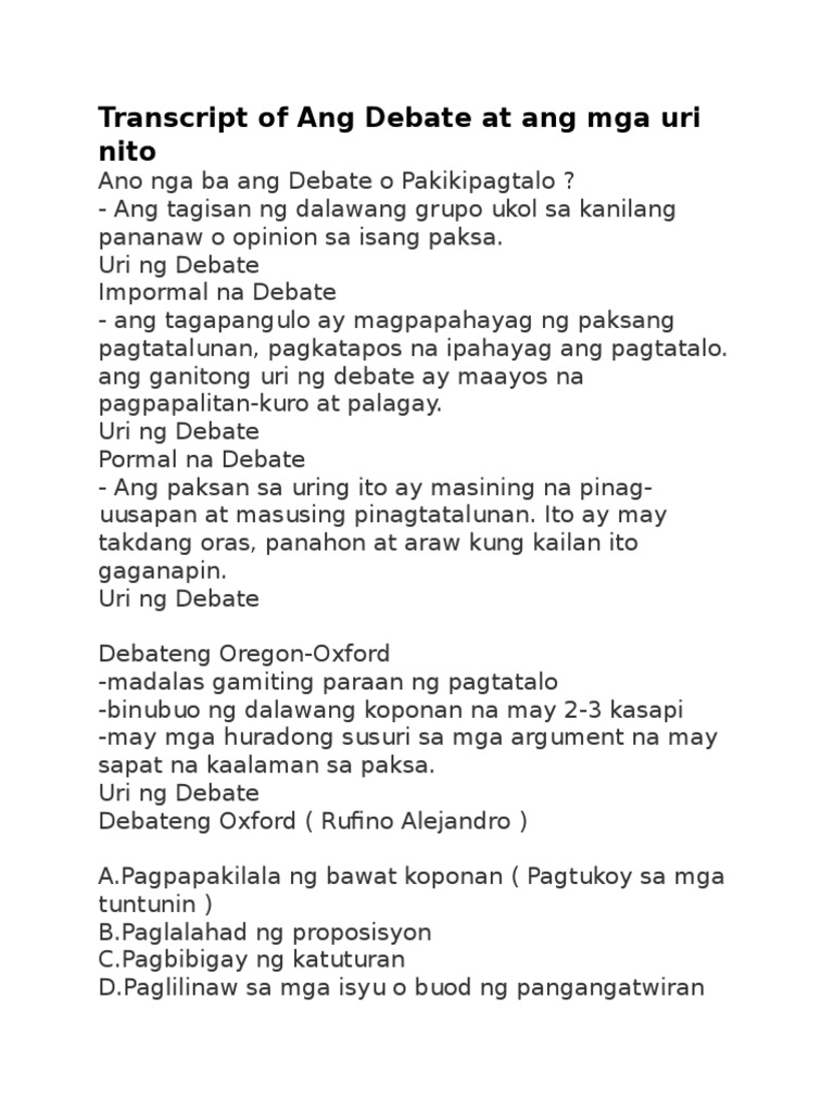 Transcript Of Ang Debate At Ang Mga Uri Nito Pdf