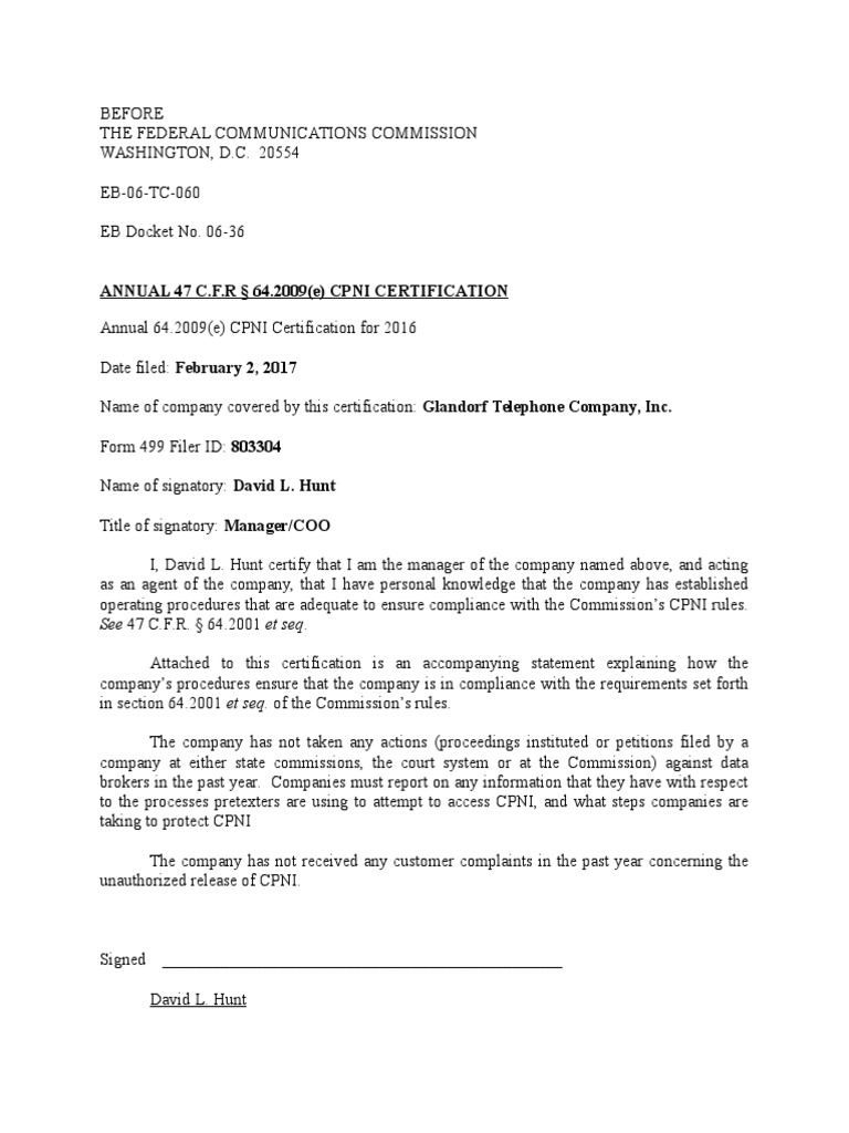 CPNI Glandorf FCC Certification Template doc Federal