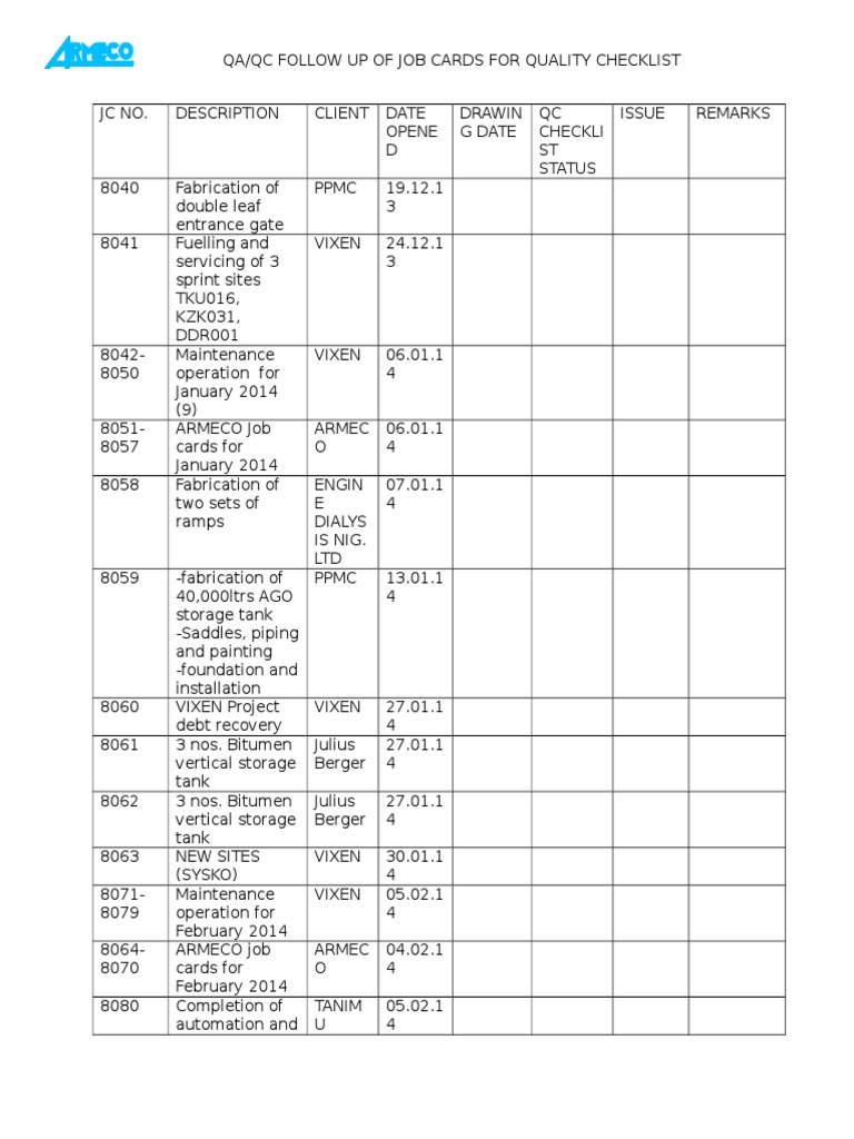Quality Control Follow Up Report for January-February 2014 Job Cards ...