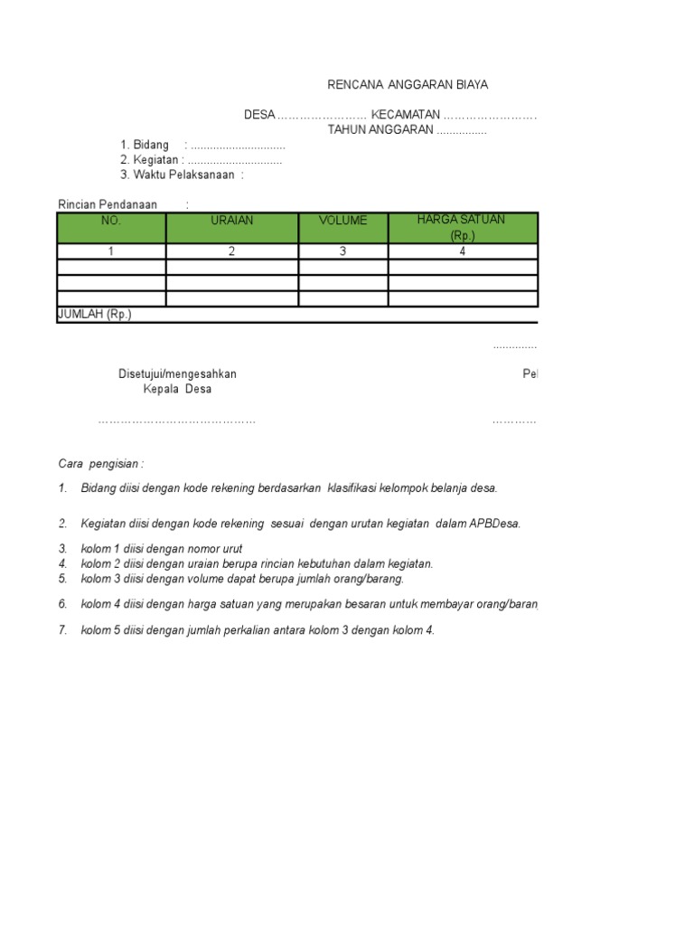 Rancangan Anggaran Biaya Kegiatan Desa | PDF