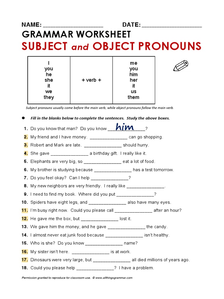 Object And Subject Pronouns Exercises Pdf