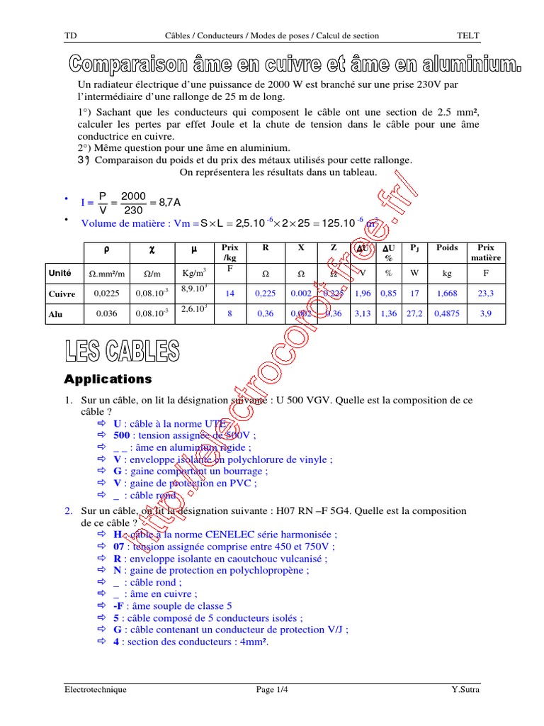 Tableau Poids Câble électrique Cuivre TD Conducteurs Et Cables - Correction - PDF | PDF | Sciences physiques |  Chimie