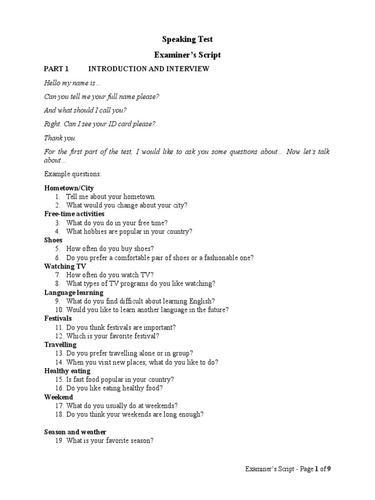 IELTS Speaking Test Examiner Script | PDF | Advertising